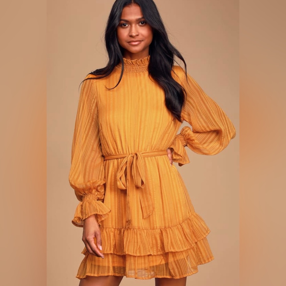 Lulus Sweetest Memories Marigold Yellow Ruffled Long Sleeve Dress Small